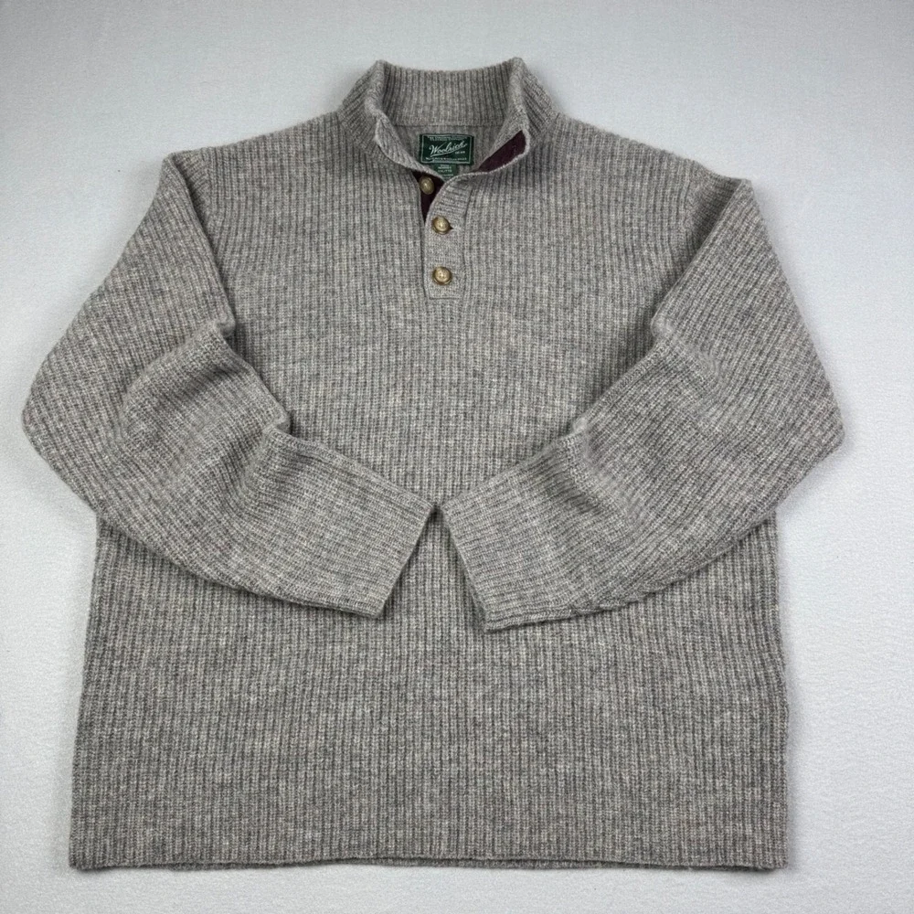 Woolrich Mens Gray 100% Wool Ribbed Knit Henley Sweater Mock Neck XXL 9020 - Picture 1 of 10